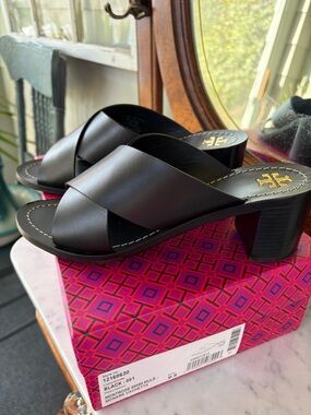 Tory Burch Montrose Mule Sandals Black Leather Crossband Block Heel